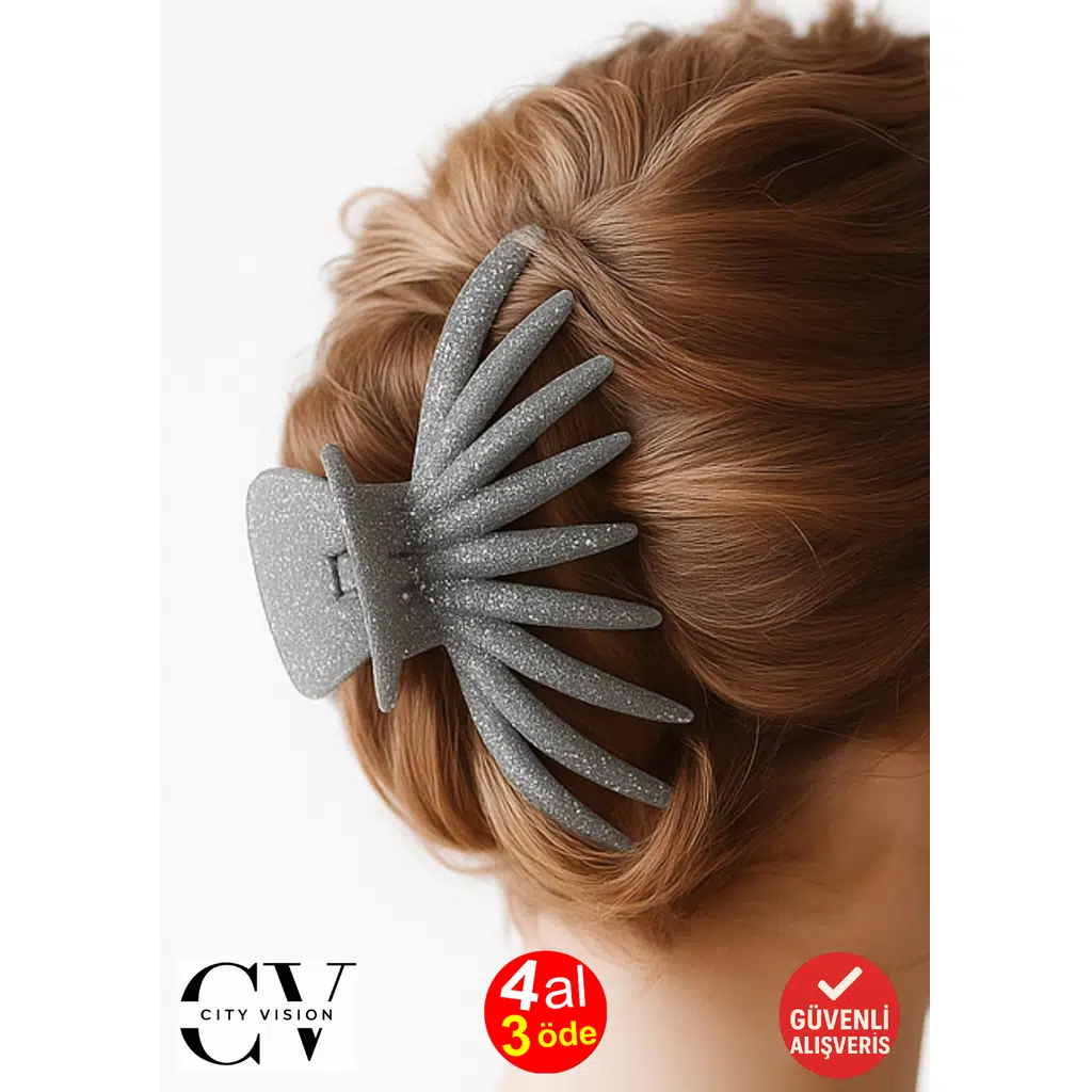 Simli Ahtapot Model Gri Renk Mandal Saç Tokası 12 cm Büyük Boy