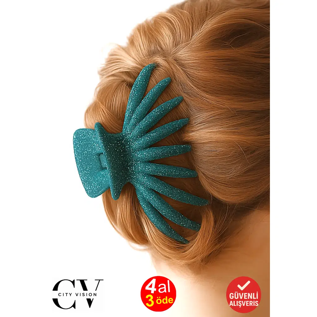 Simli Ahtapot Model Su Yeşili Rengi Mandal Saç Tokası 12 cm Büyük Boy