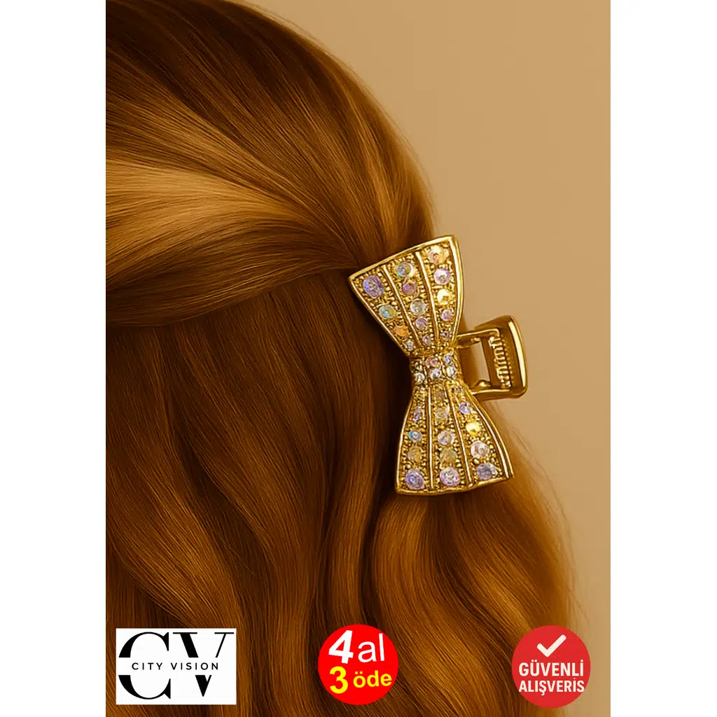 4 cm Gold Fiyonk Taşlı Saç Tokası – Işıltılı ve Zarif Metal Saç Aksesuarı