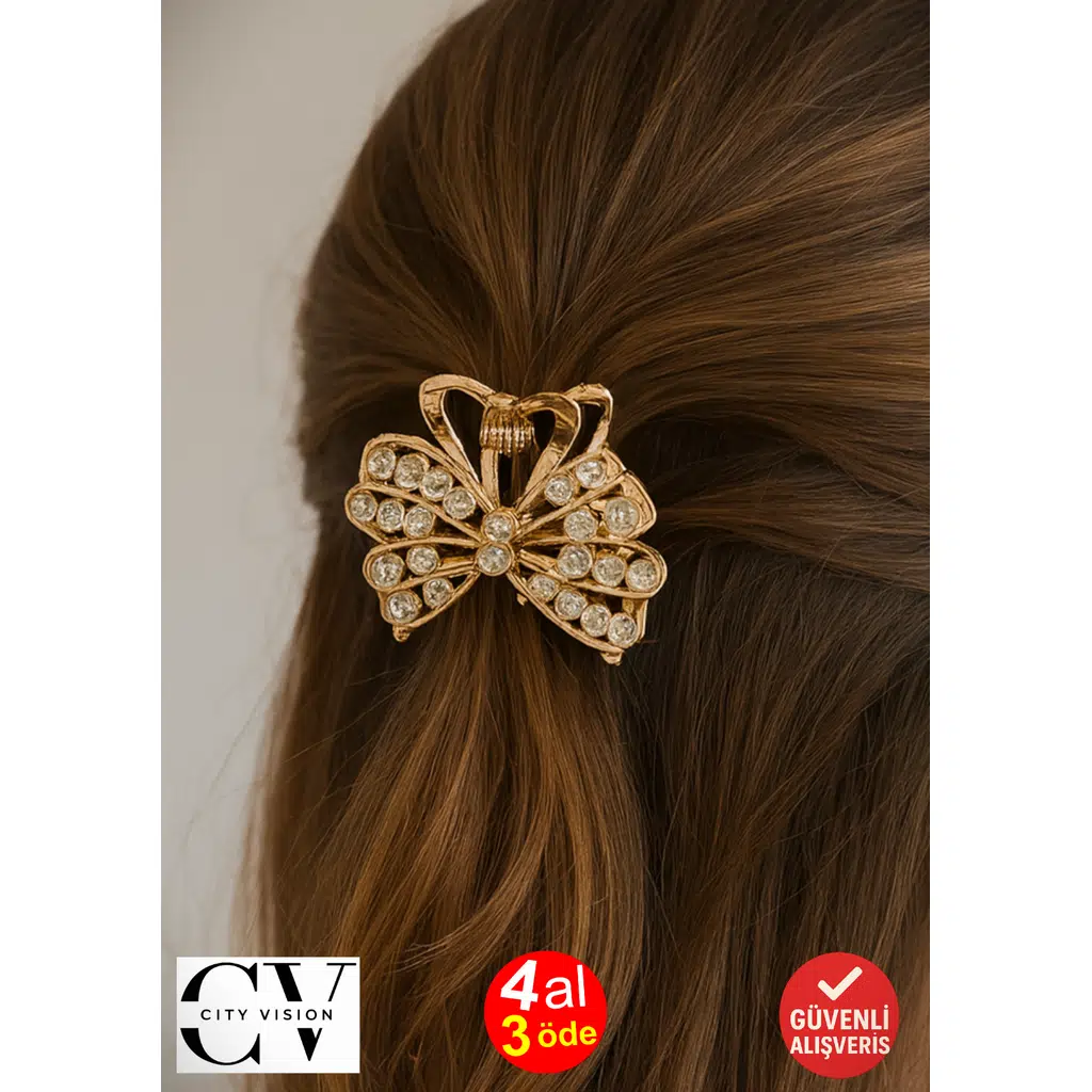 Taşlı Kelebek Desenli Altın Renk 4,5 cm Metal Saç Tokası – Işıltılı ve Zarif Tasarım