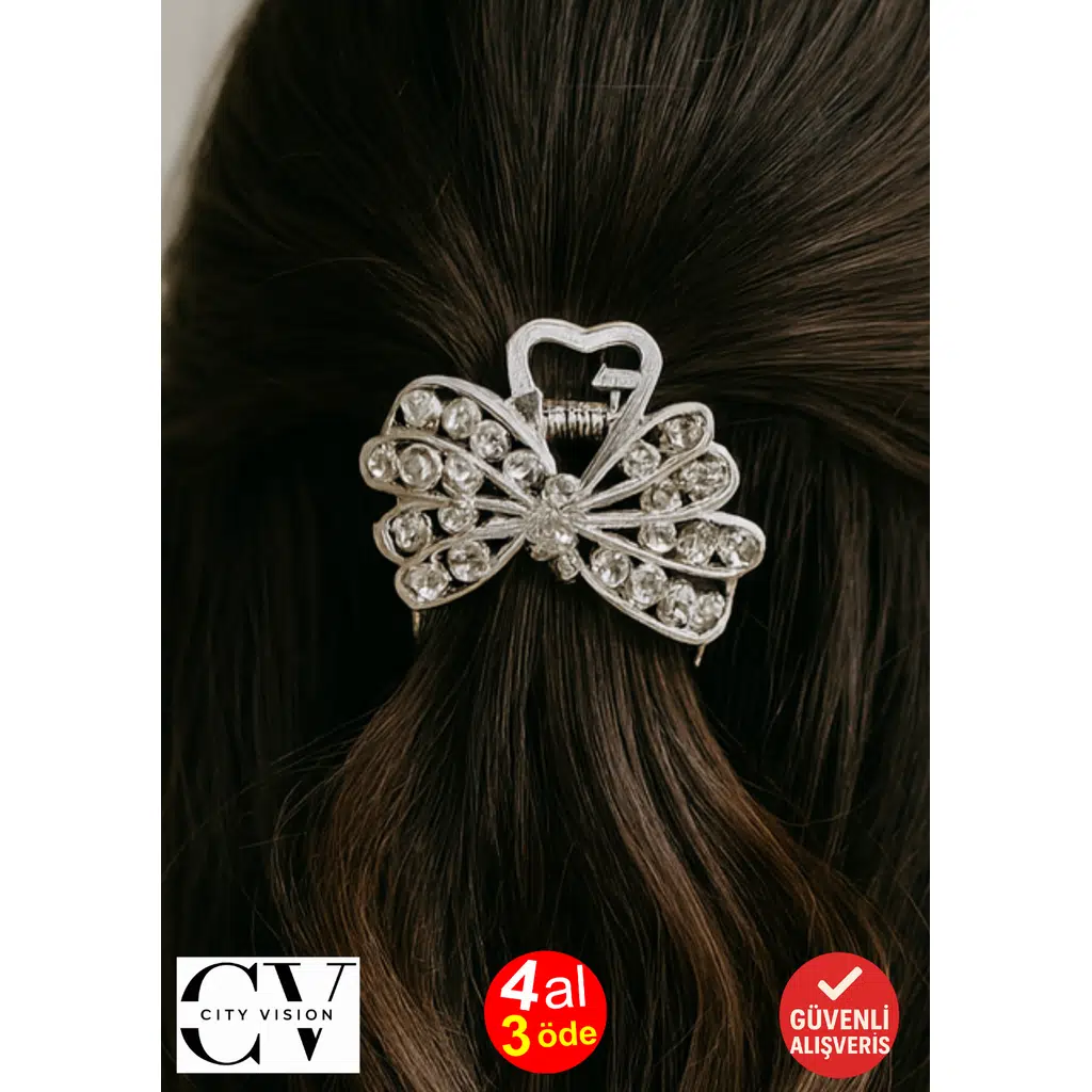 Taşlı Kelebek Desenli Gümüş Renk 4,5 cm Metal Saç Tokası – Işıltılı ve Zarif Tasarım