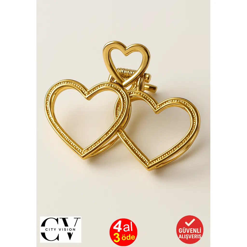 7 cm Çift Kalp Model Gold Saç Tokası – Zarif ve Romantik Metal Mandal Toka