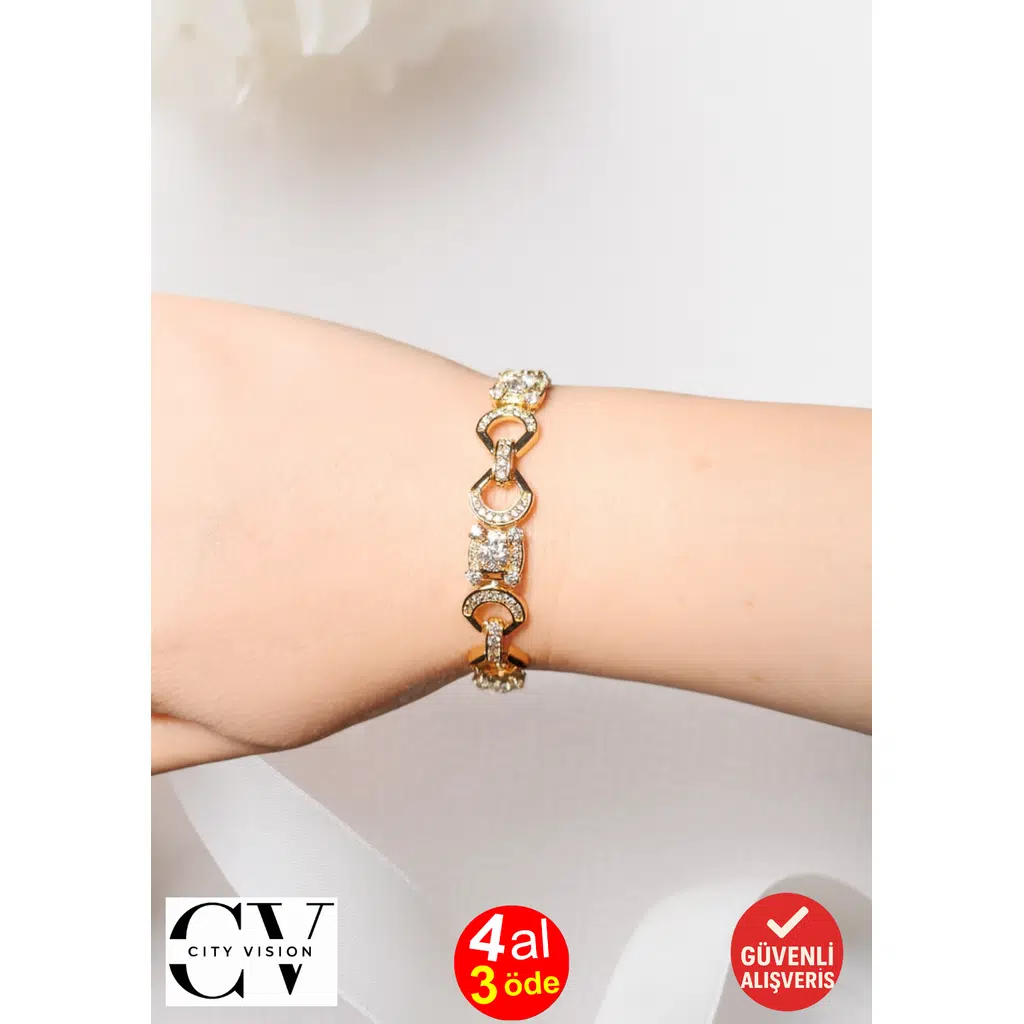 Altın Kaplama Çelik Xuping Zirkon Taşlı Tasarım Bileklik - Ayarlanabilir Kısaltma Klipsli