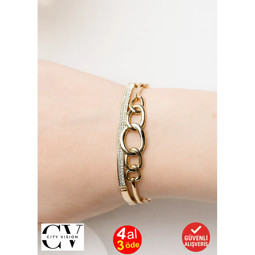 Altın Kaplama Çelik Xuping Çiftli Tasarım Zirkon Taşlı Bileklik - Ayarlanabilir Kısaltma Klipsli
