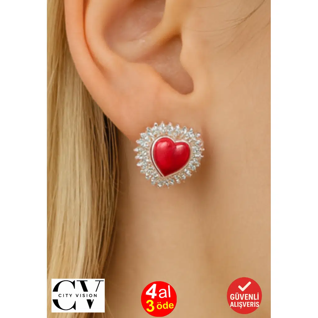 Altın Kaplama Zirkon Taşlı Kalp Tasarım Çelik Küpe 2 cm