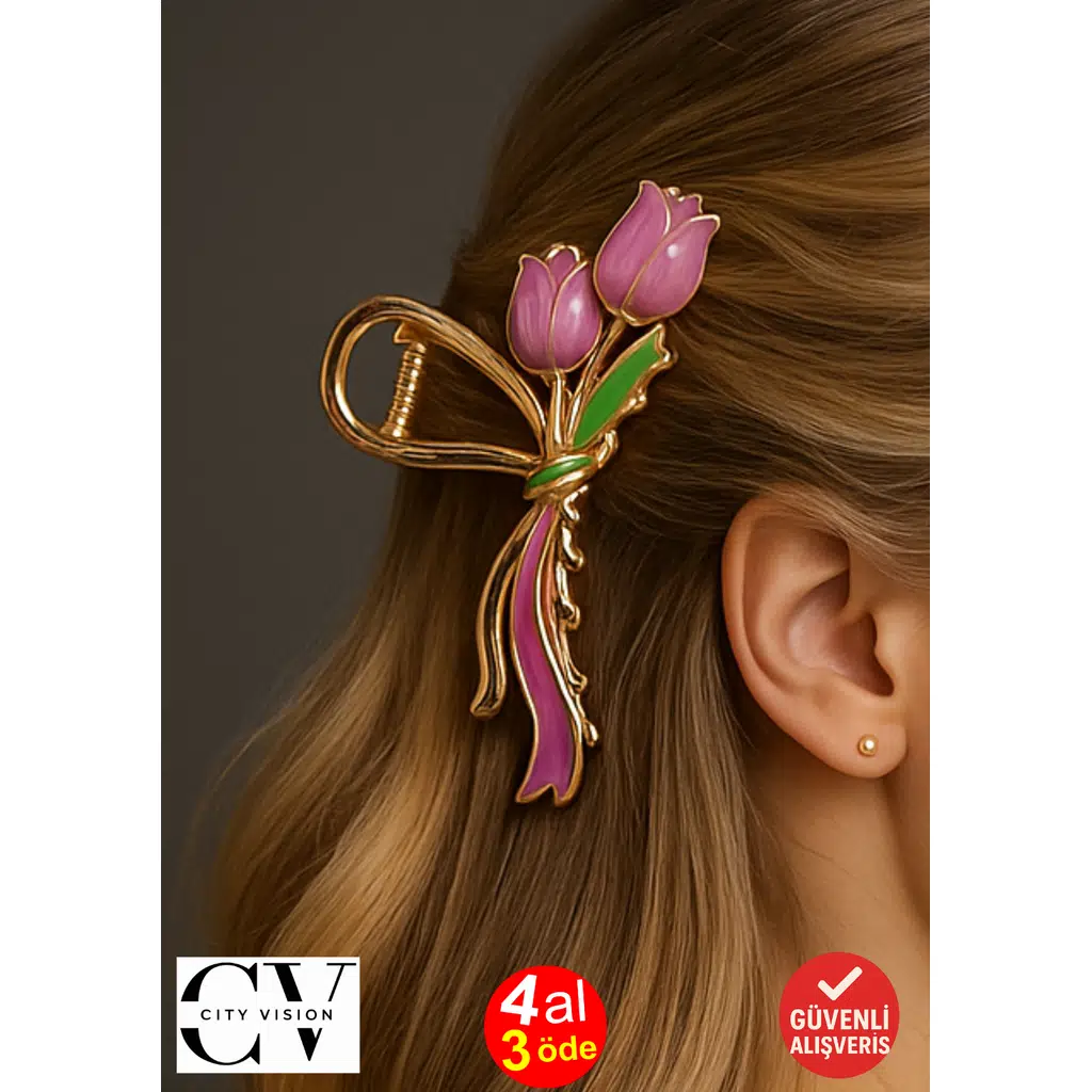 Lale Figür Mor Renk Metal Mandal Saç Tokası 