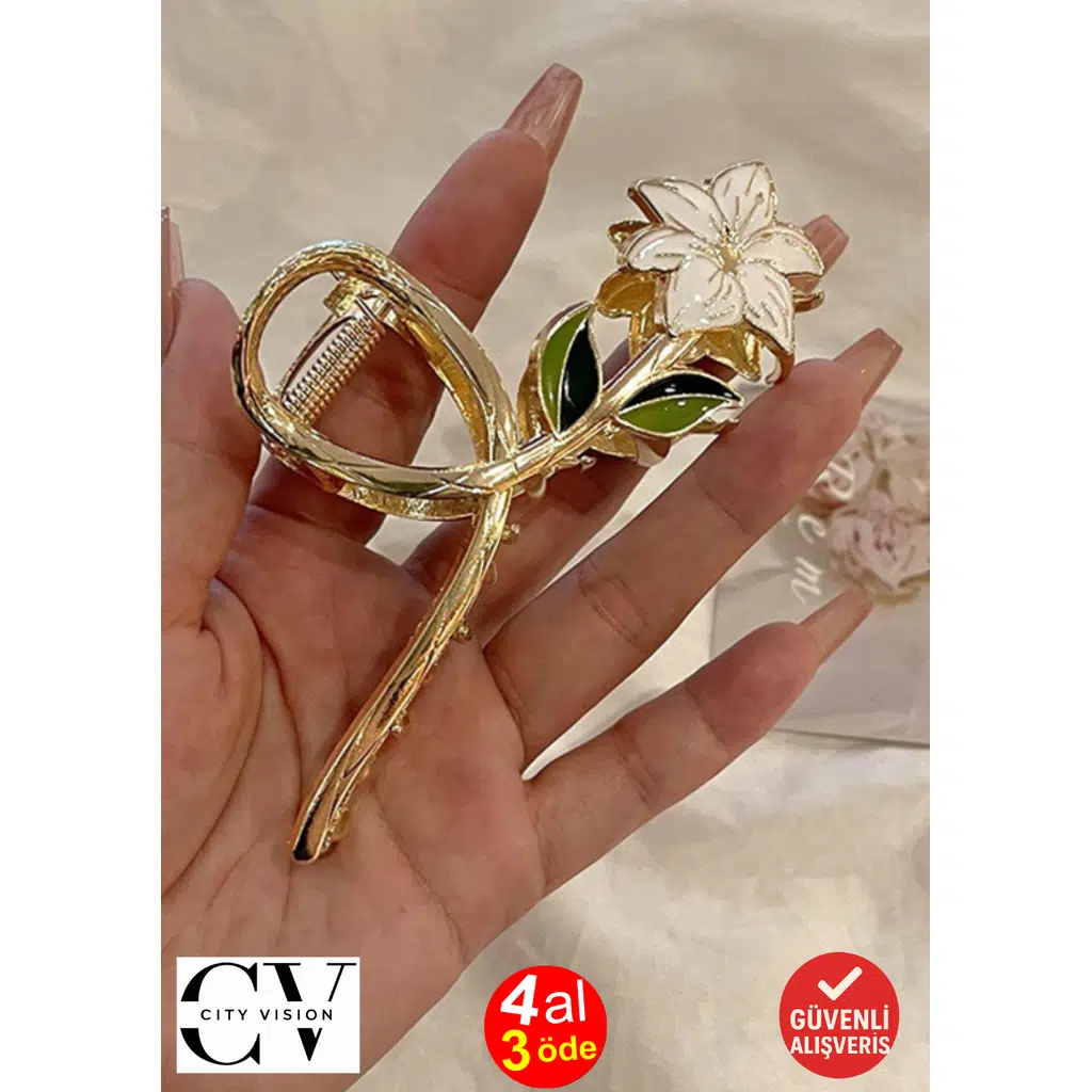 Beyaz Çiçek Model Metal Mandal Toka Büyük Boy