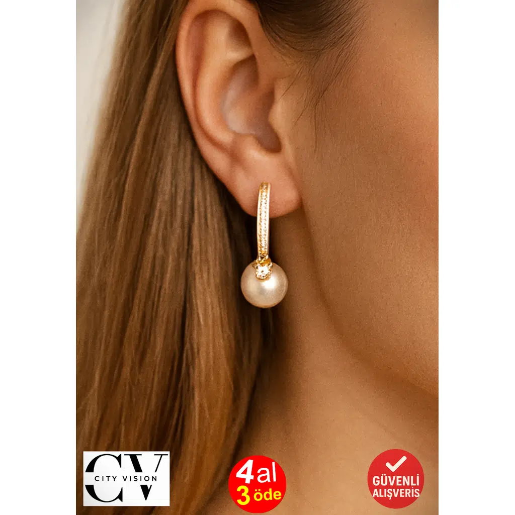 İncili Yıldız Altın Kaplama Zirkon Taşlı Küpe 2 cm