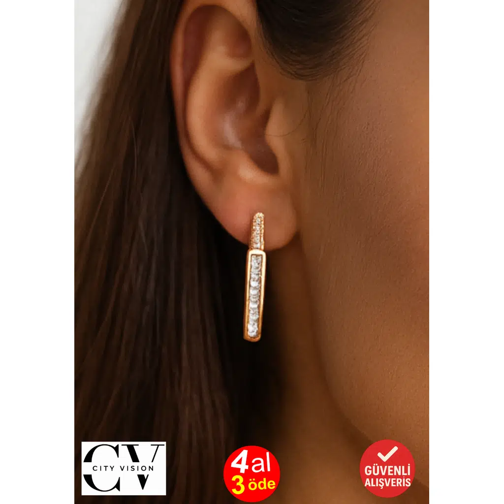 Altın Kaplama Zirkon Taşlı Tasarım Küpe 2,5 cm