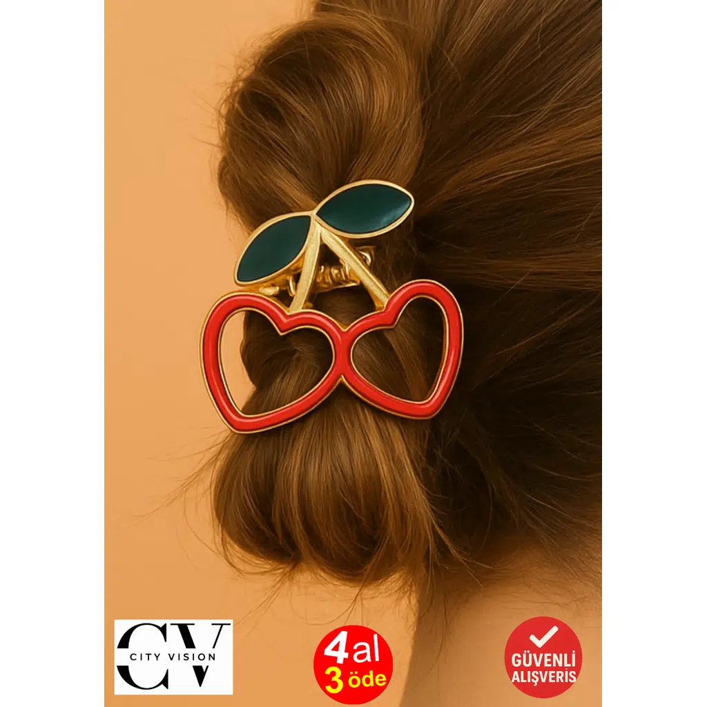 Kiraz Kalpli Metal Mandal Saç Tokası 4 cm