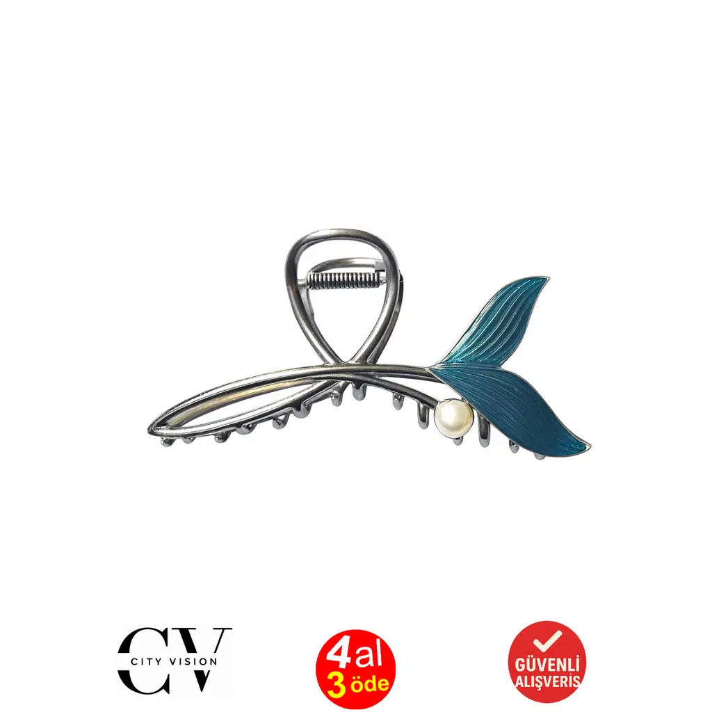 Turkuaz Balık Kuyruğu Siyah Metal Mandal Saç Tokası