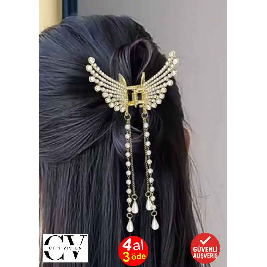 Taşlı ve İncili Kelebek Tasarım Mandal Saç Tokası 6 cm