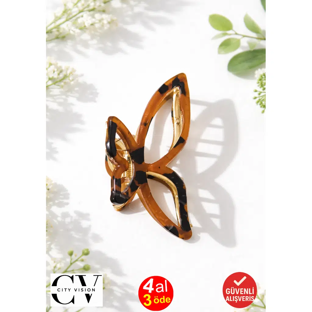 Leopar Desen Kahverengi Renk Asetat Metal Kelebek Saç Tokası 8 cm