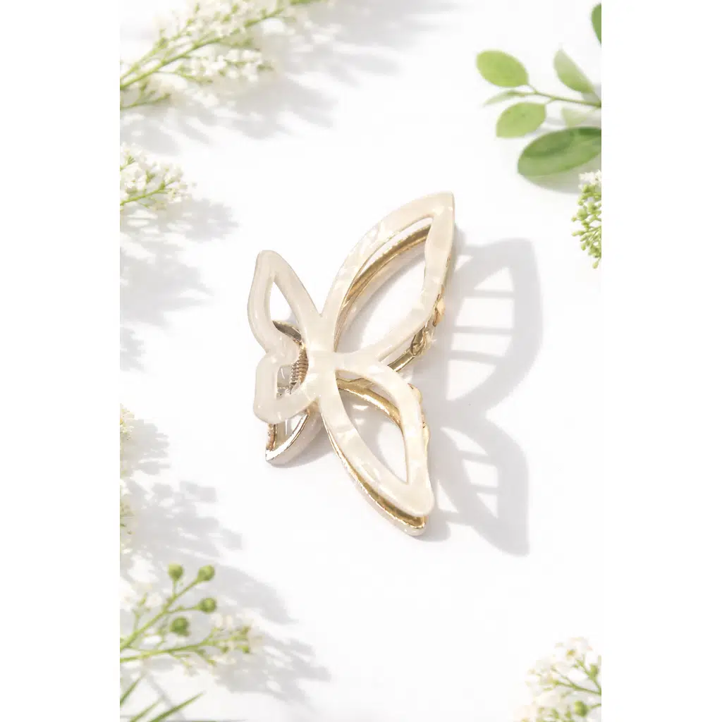Sedef Beyaz Renk Asetat Metal Kelebek Saç Tokası 8 cm