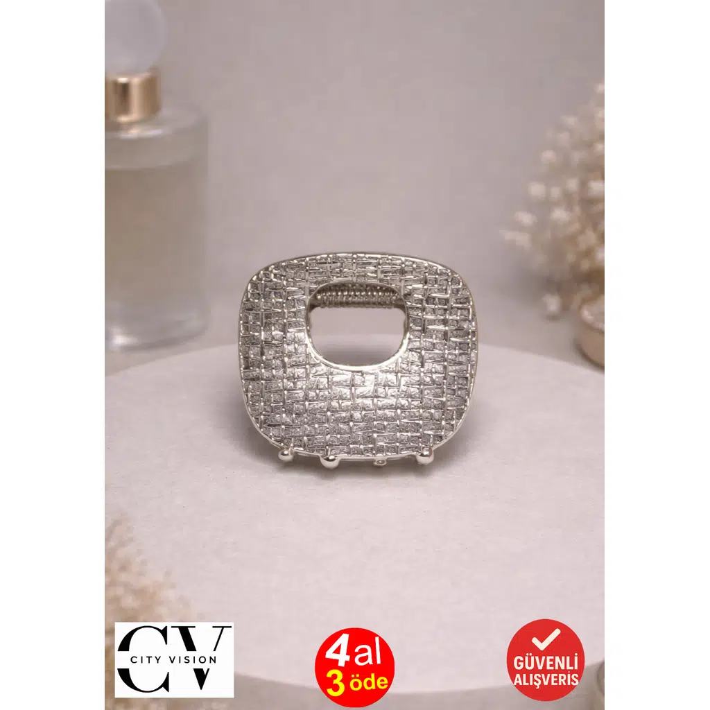 Kare Dokulu Gümüş Saç Tokası – Mini Metal Mandal Toka 3 cm