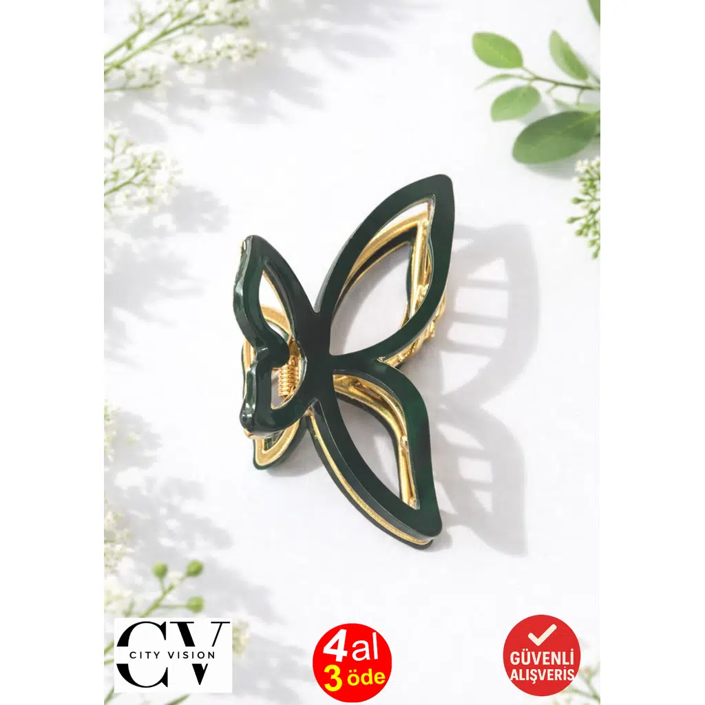 Yeşil Renk Asetat Metal Kelebek Saç Tokası 8 cm
