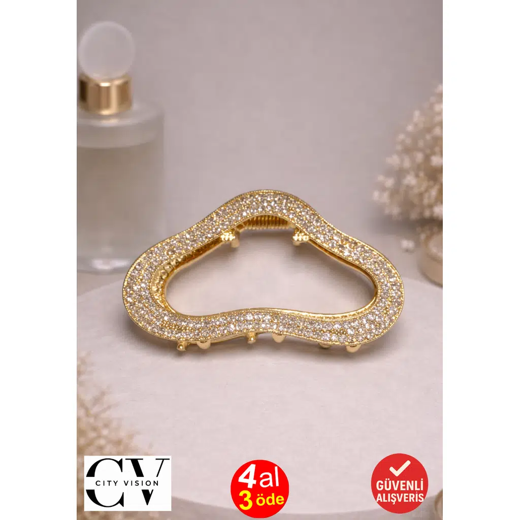 Kristal Taşlı Dalga Formlu Gold Saç Tokası – Işıltılı Metal Mandal Toka 5 cm