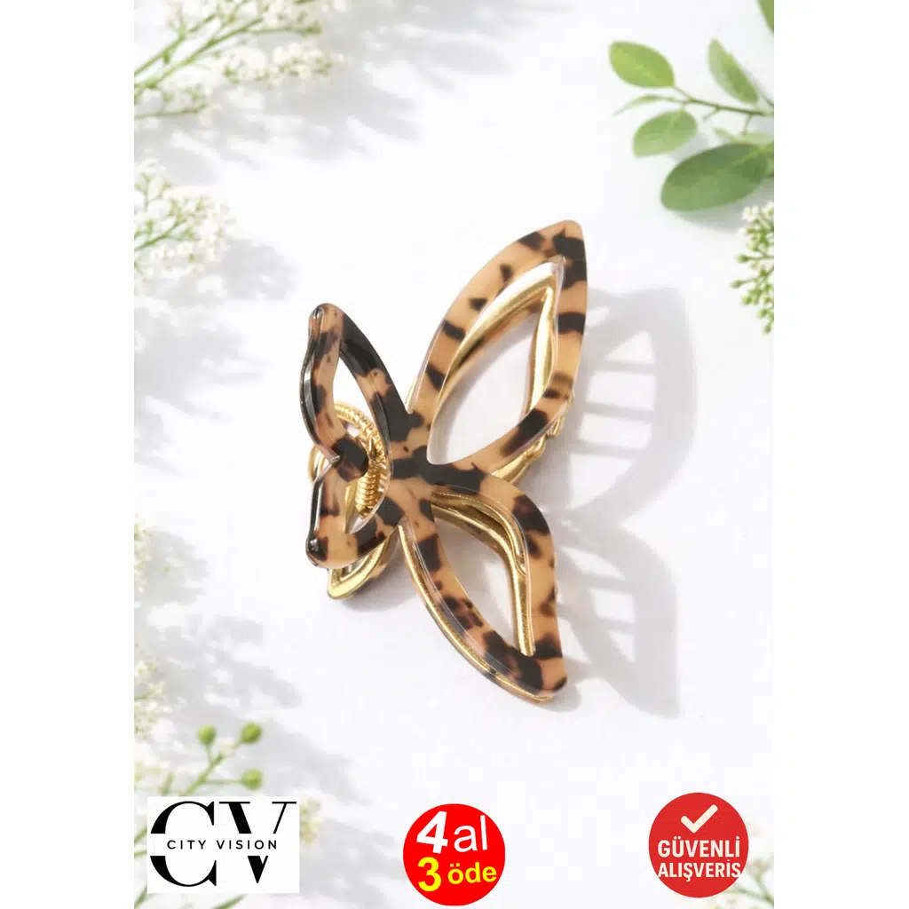 Leopar Latte Renk Asetat Metal Kelebek Saç Tokası 8 cm