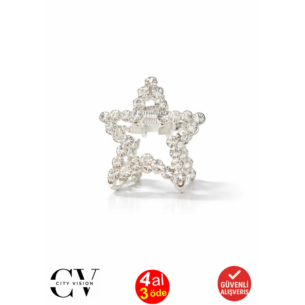 Taşlı Yıldız Tasarım Gümüş Renk 2,5 cm Metal Mandal Saç Tokası