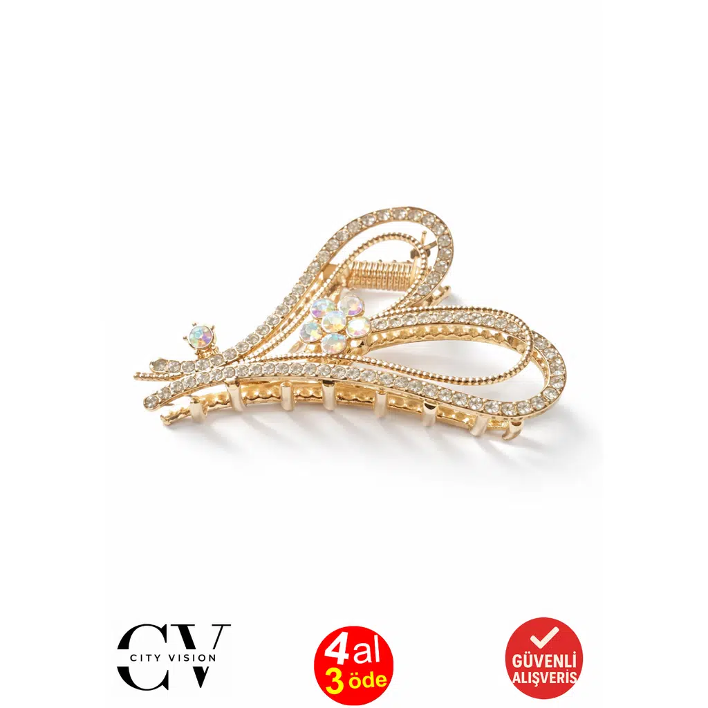 Taşlı Kalp ve Çiçek Tasarım Altın Renk 7 cm Metal Mandal Saç Tokası