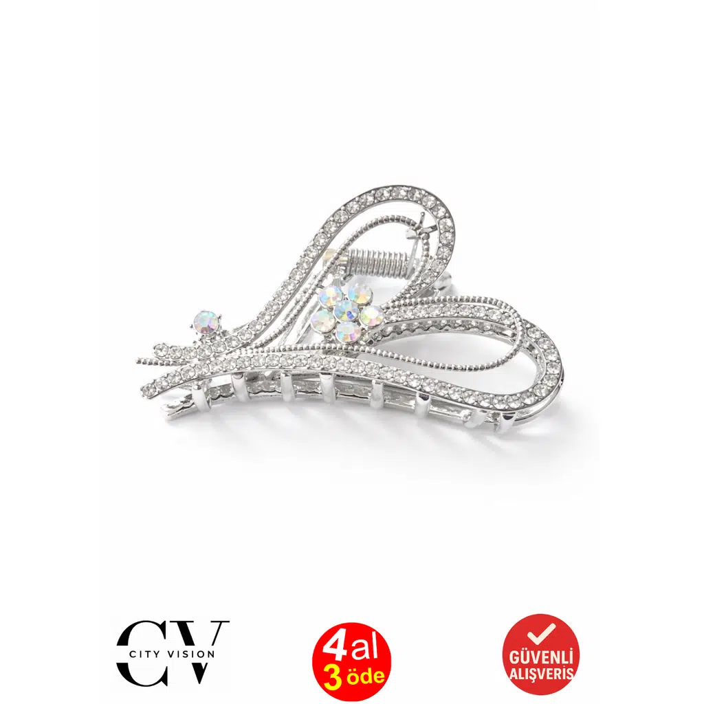 Taşlı Kalp ve Çiçek Tasarım Gümüş Renk 7 cm Metal Mandal Saç Tokası