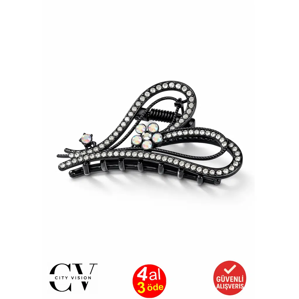 Taşlı Kalp ve Çiçek Tasarım Siyah Renk 7 cm Metal Mandal Saç Tokası