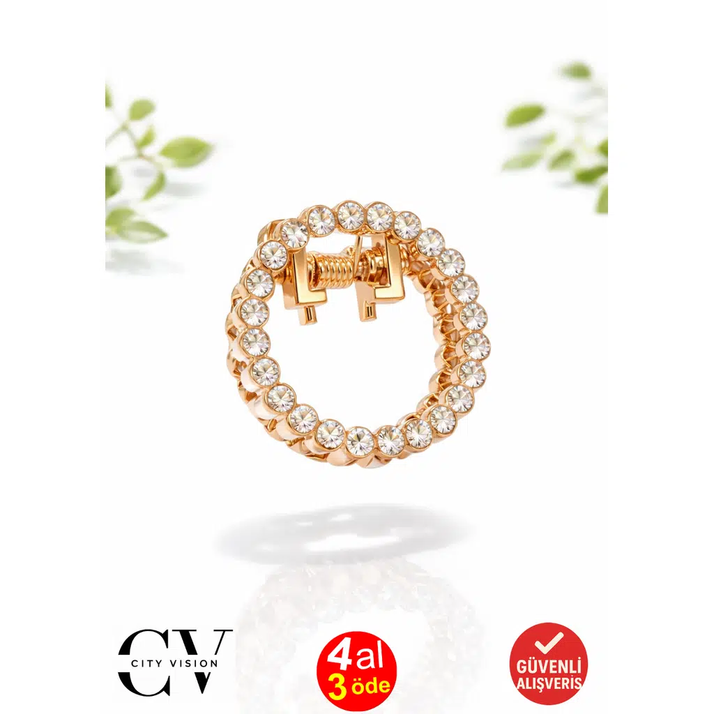 Taşlı Yuvarlak Altın Renk Metal Mandal Saç Tokası 2 cm Küçük Boy