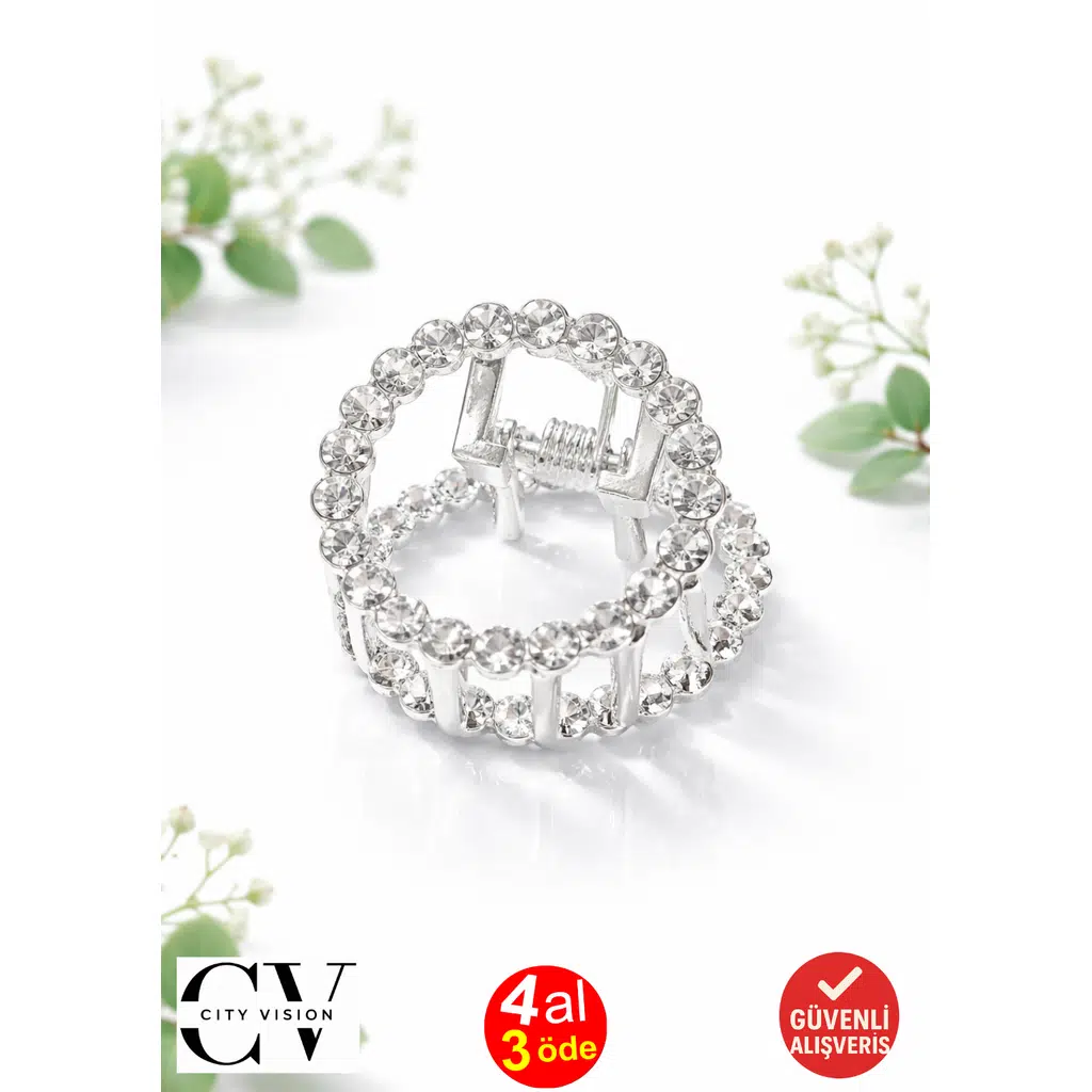 Taşlı Yuvarlak Gümüş Renk Metal Mandal Saç Tokası 2 cm Küçük Boy