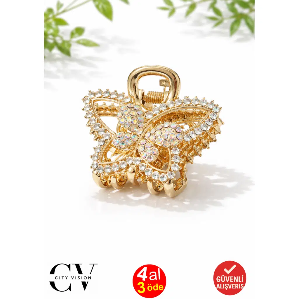 Taşlı Kelebek Tasarım Altın Renk Metal Mandal Saç Tokası 4 cm