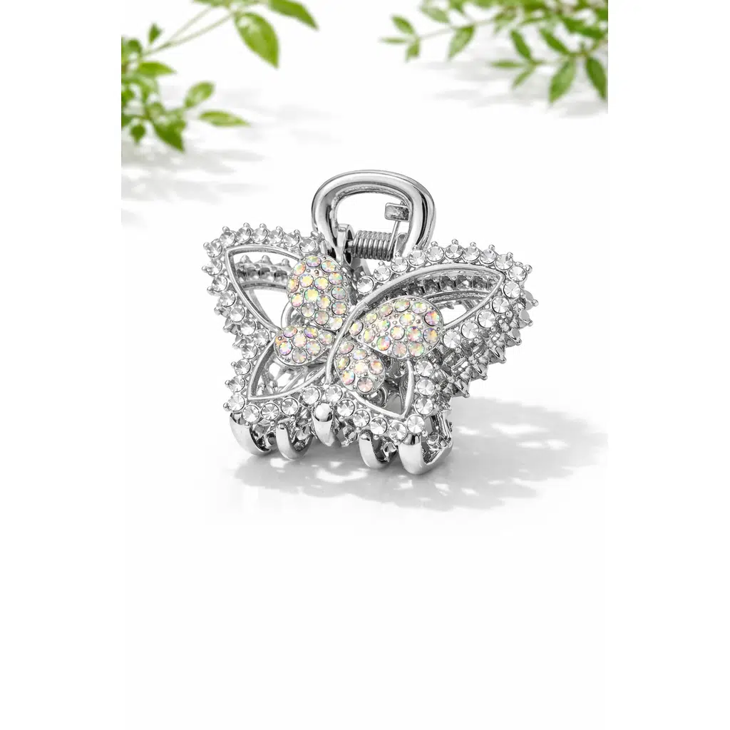 Taşlı Kelebek Tasarım Gümüş Renk Metal Mandal Saç Tokası 4 cm