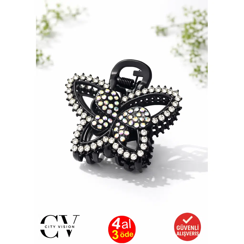 Taşlı Kelebek Tasarım Siyah Renk Metal Mandal Saç Tokası 4 cm
