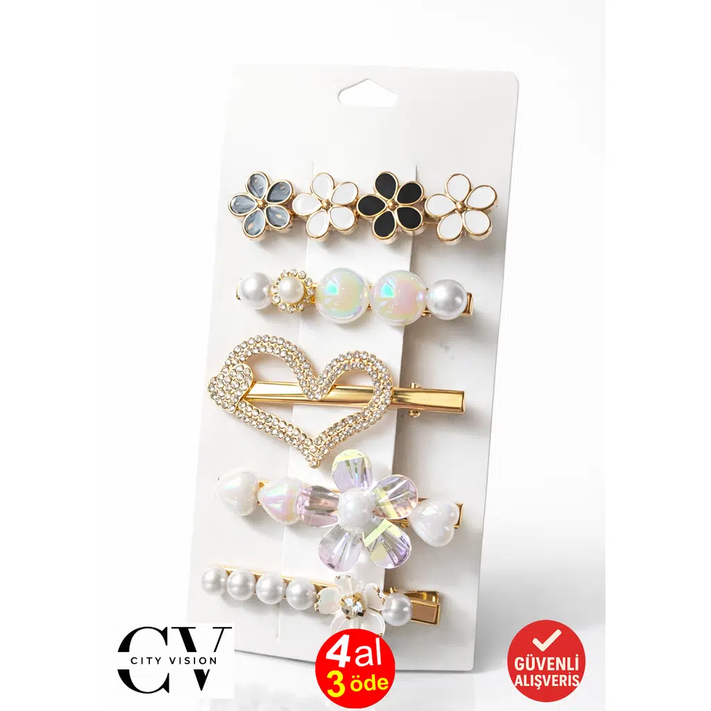 5li Parlak İncili Tasarım Saç Tokası Seti 6 cm