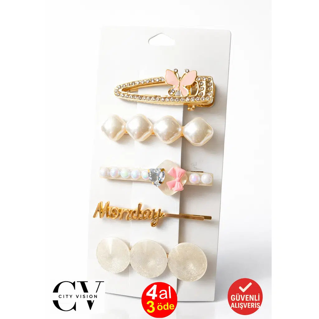 5li Parlak İncili Tasarım Saç Tokası Seti 6 cm