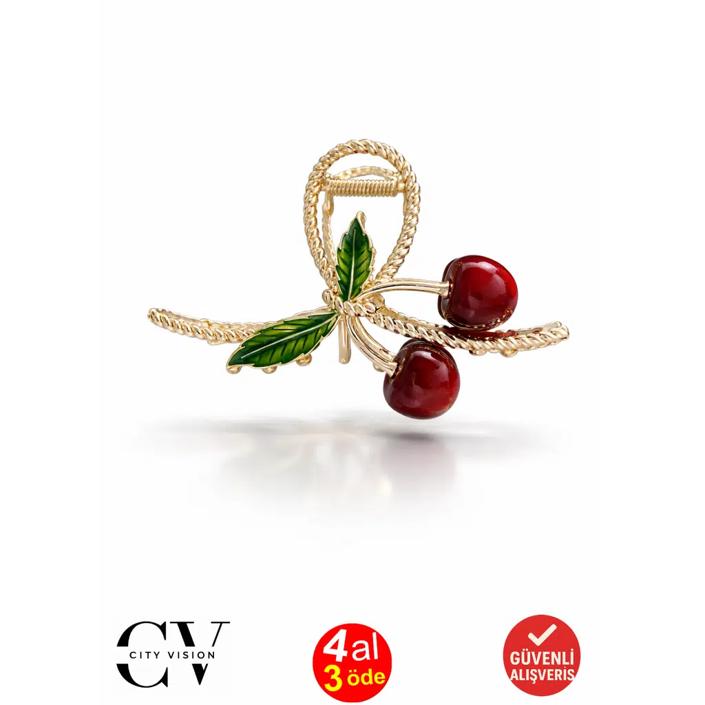 Kiraz ve Yaprak Figürlü Altın Renk Metal Mandal Saç Tokası 11 cm - Şık ve Dayanıklı