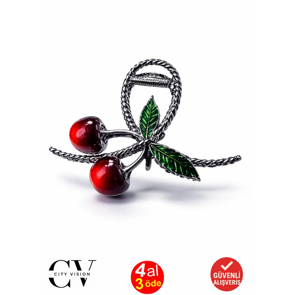 Kiraz ve Yaprak Figürlü Siyah Renk Metal Mandal Saç Tokası 11 cm - Şık ve Dayanıklı