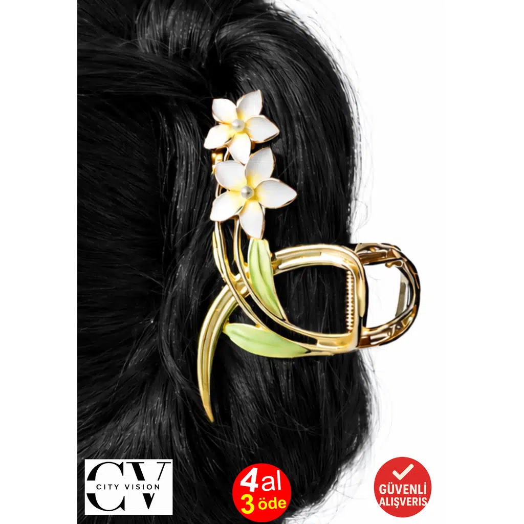 Çift Lotus Çiçekli Sarı Renk Metal Mandal Saç Tokası 11 cm - Şık ve Dayanıklı