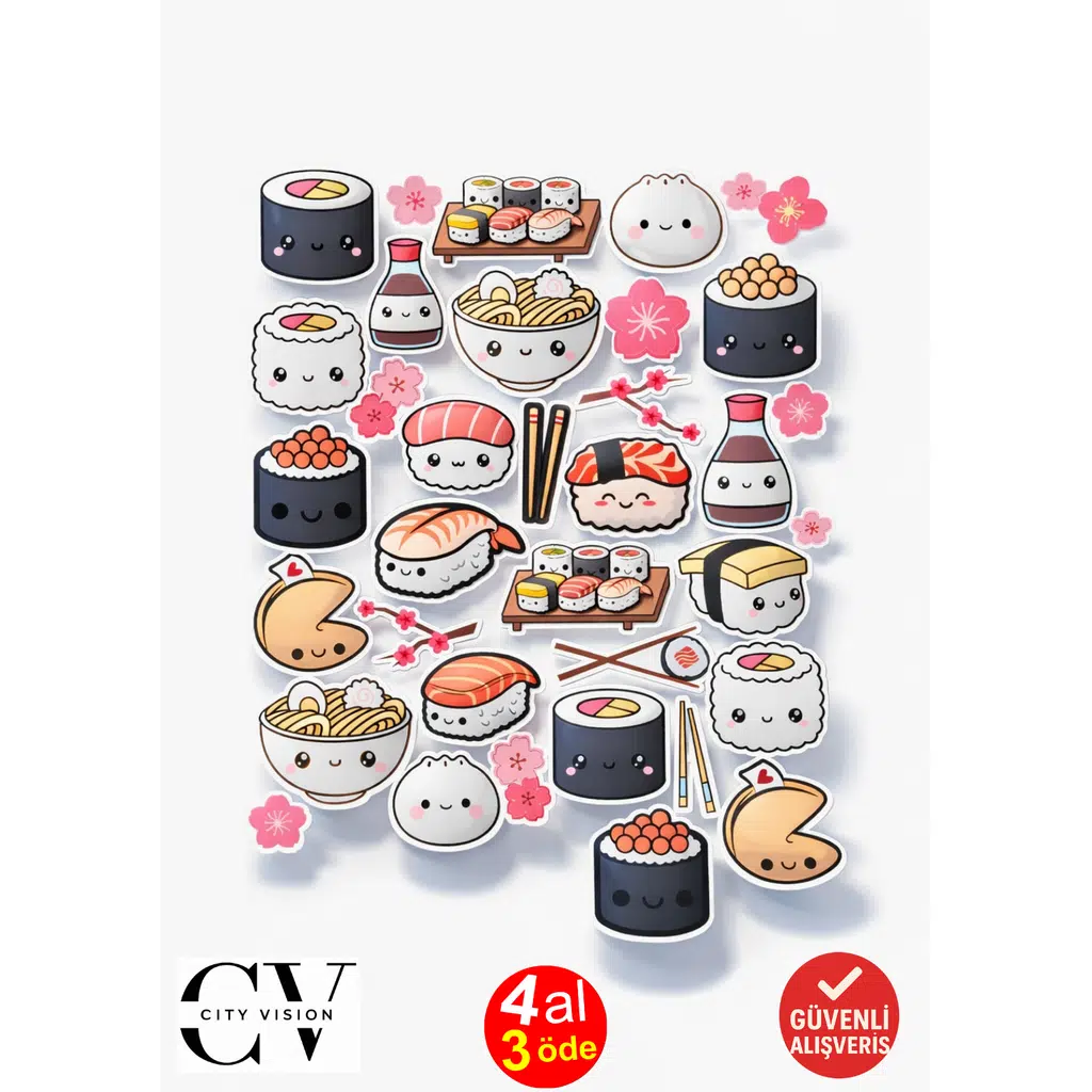 40 Adet Sevimli Kore Suşi Temalı Premium Canlı Renkler Etiket Seti 