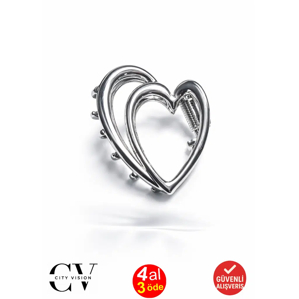 Çift Kalp Model Gümüş Renk 5,5 cm Metal Mandal Saç Tokası - Şık ve Dayanıklı