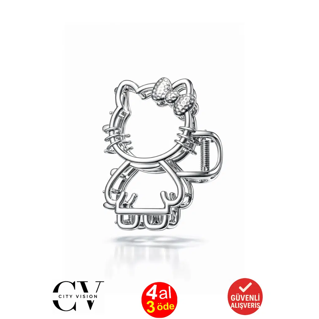 Sevimli Kedi Model Gümüş Renk 7 cm Metal Mandal Saç Tokası - Şık ve Dayanıklı