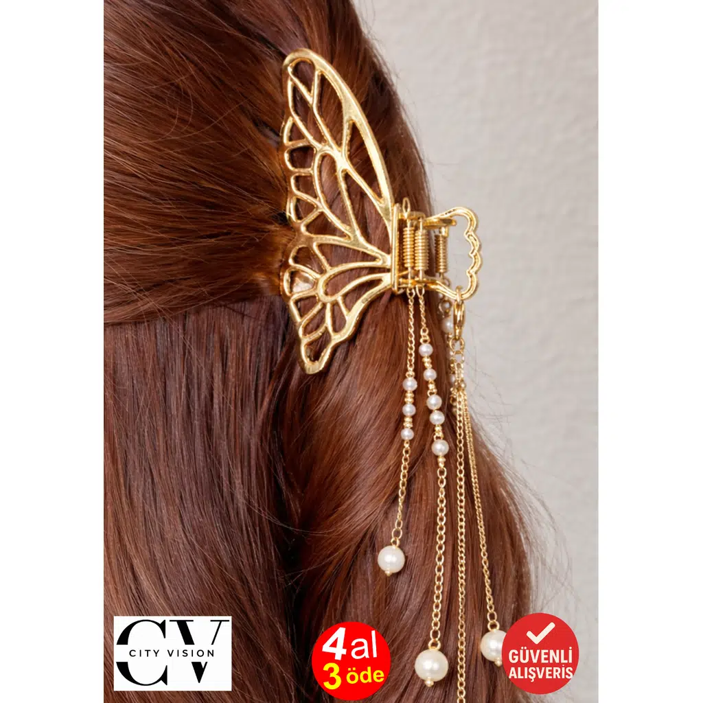 İncili Sallantılı Kelebek Figürlü Metal Mandal Saç Tokası Altın Renk 7 cm – Zarif ve Işıltılı Tasarım