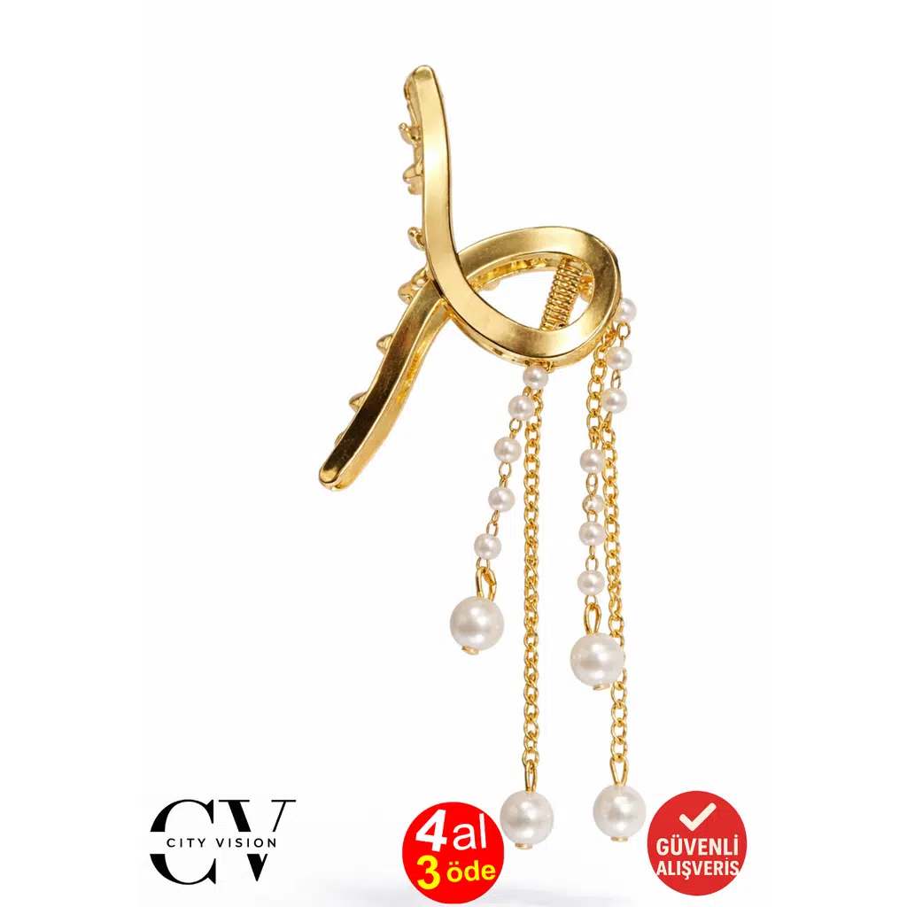 İncili Sallantılı Metal Mandal Saç Tokası Altın Renk 7 cm – Zarif ve Işıltılı Tasarım