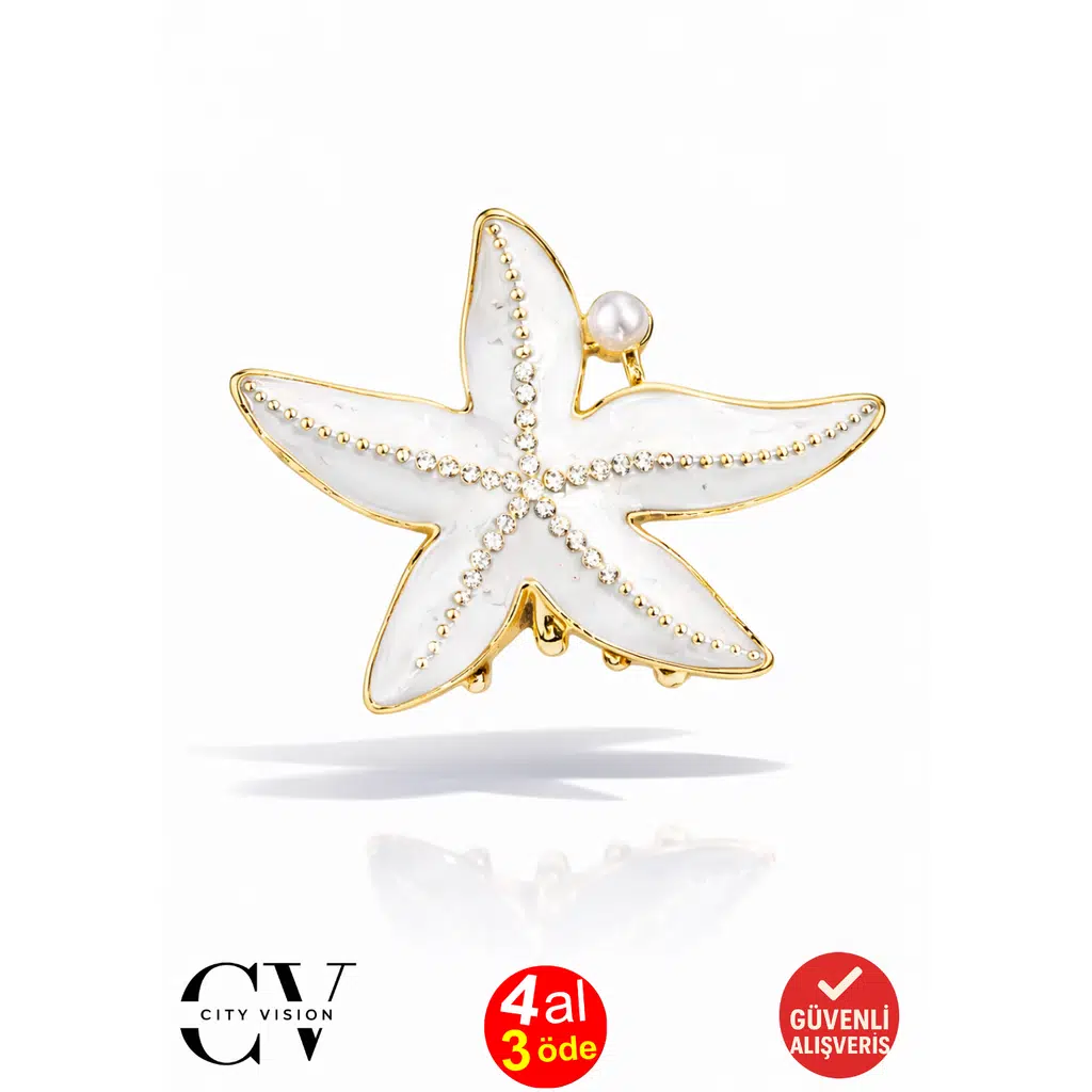 Taşlı Deniz Yıldızı Model Beyaz Renk 6,5 cm Metal Mandal Saç Tokası