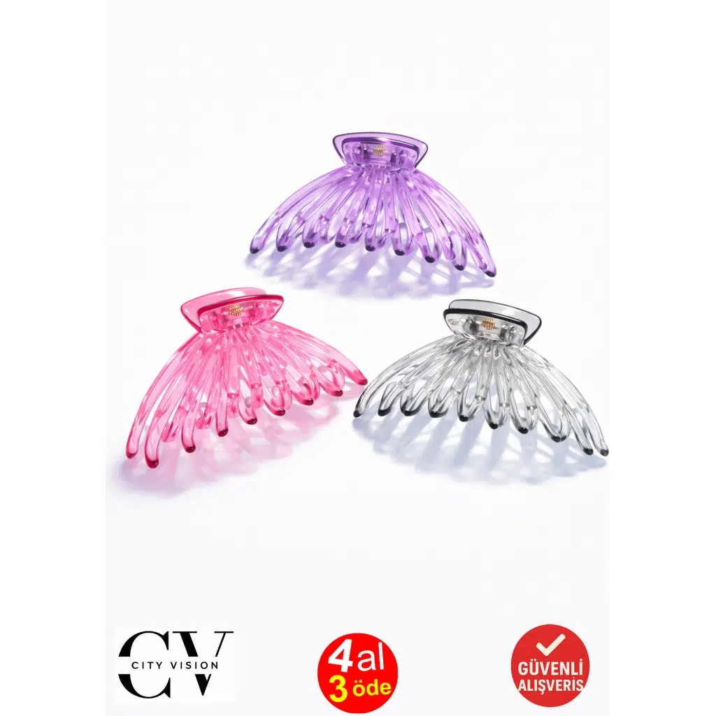 3 adet Pençe Model Pembe Mor Gri Renk 12 cm Büyük Boy Mandal Saç Tokası