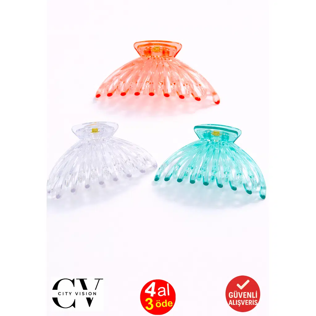 3 adet Pençe Model Turuncu Şeffaf Yeşil Renk 12 cm Büyük Boy Mandal Saç Tokası