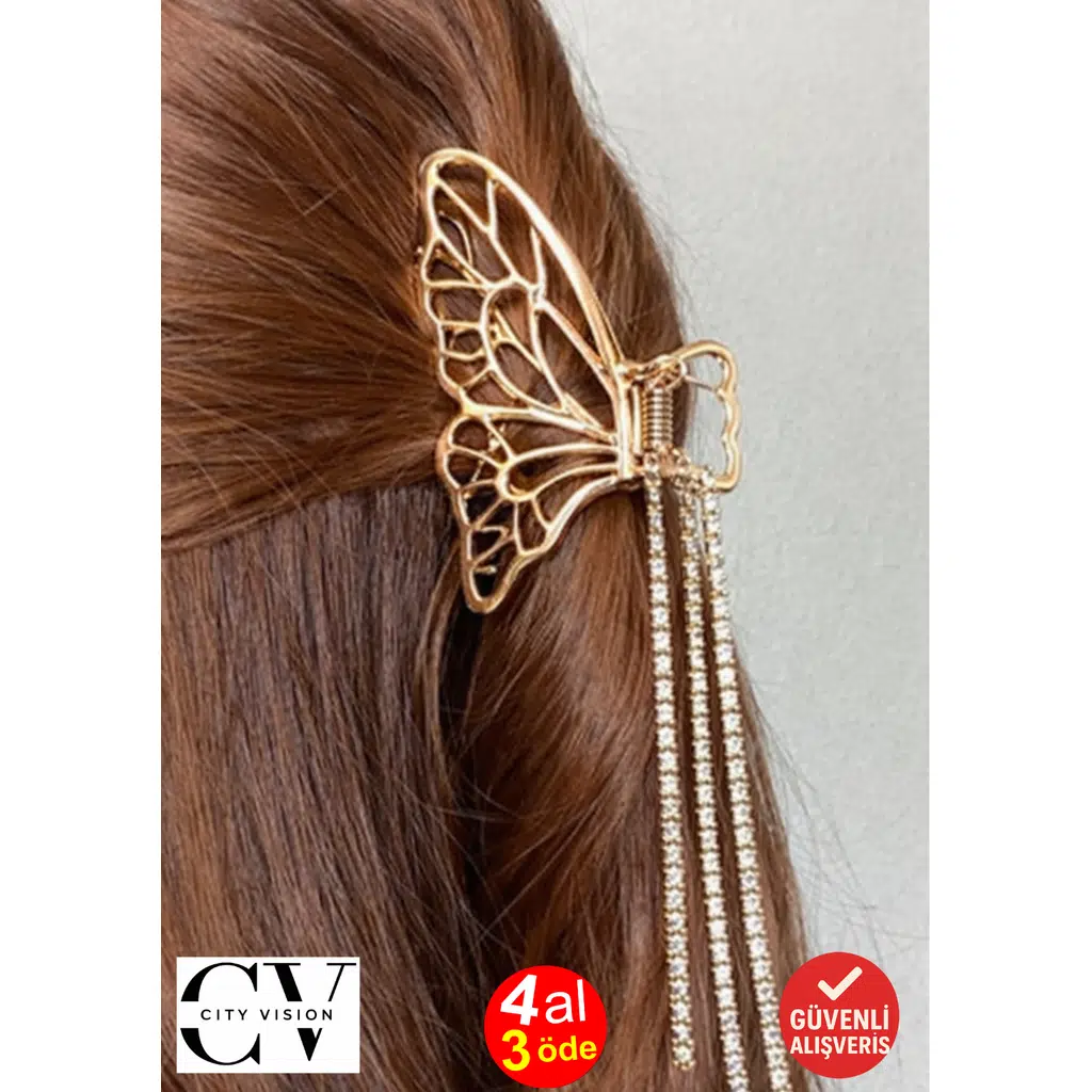 Sallantılı Taşlı Kelebek Figürlü Metal Mandal Saç Tokası Altın Renk 7 cm – Zarif ve Işıltılı Tasarım