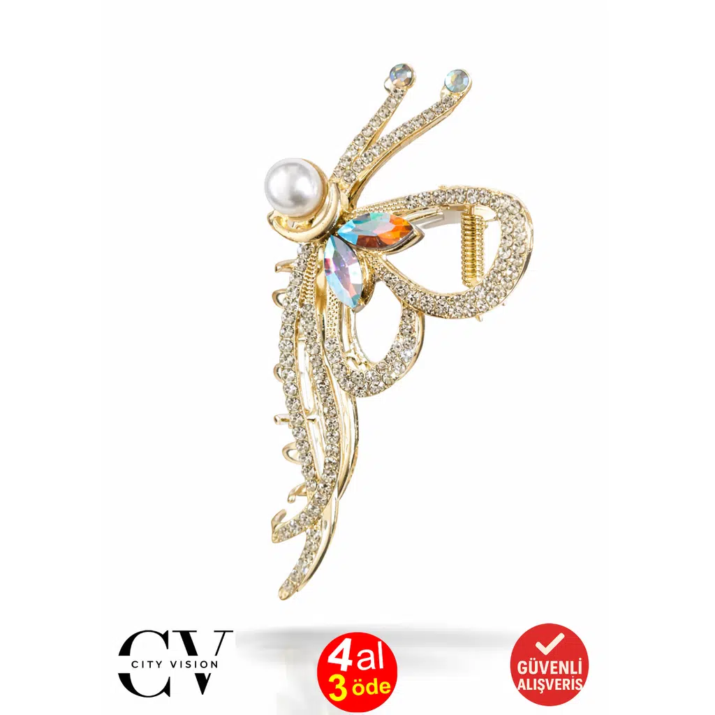 İncili Taşlı Kelebek Figürlü Metal Mandal Saç Tokası Altın Renk 11 cm – Zarif ve Işıltılı Tasarım