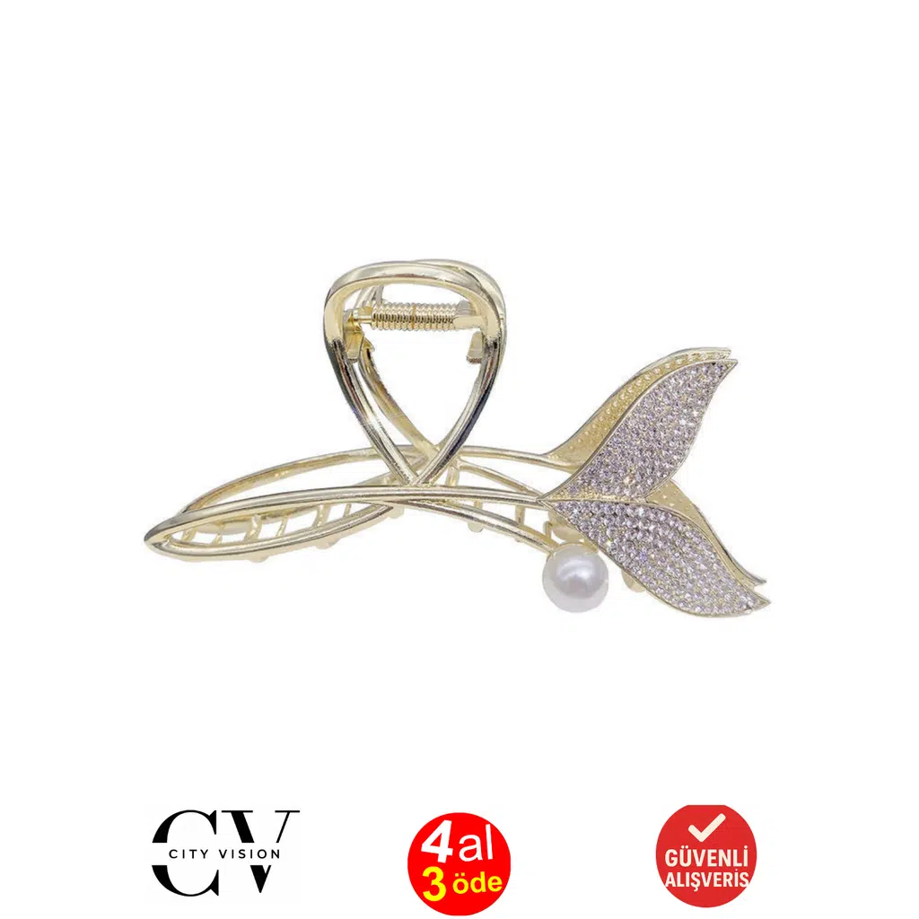 Taşlı İncili Balık Kuyruğu Model Metal Mandal Saç Tokası - 11 cm - Şık ve Dayanıklı