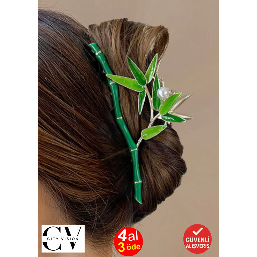 11 cm Bambu Yapraklı Yeşil Saç Tokası – Doğal Görünümlü Zarif Metal Mandal Toka