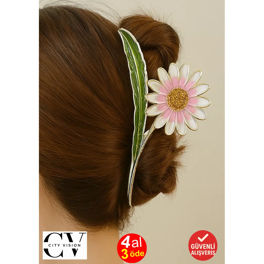 11 cm Pembe Papatya Model Saç Tokası – Zarif Çiçekli Metal Mandal Toka