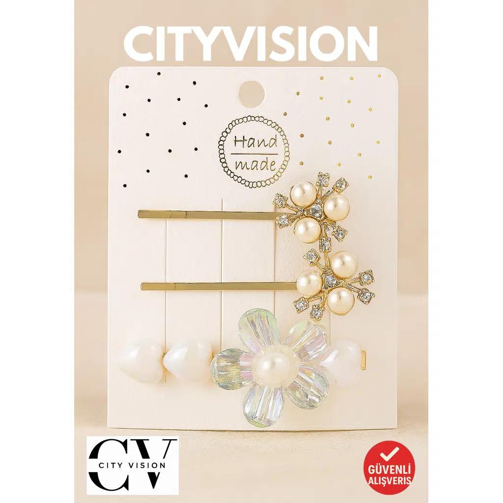 3'lü İnci ve Çiçek Tasarımlı Parlak Taşlı Şık Saç Tokası Seti - Zarif & Işıltılı Tasarım